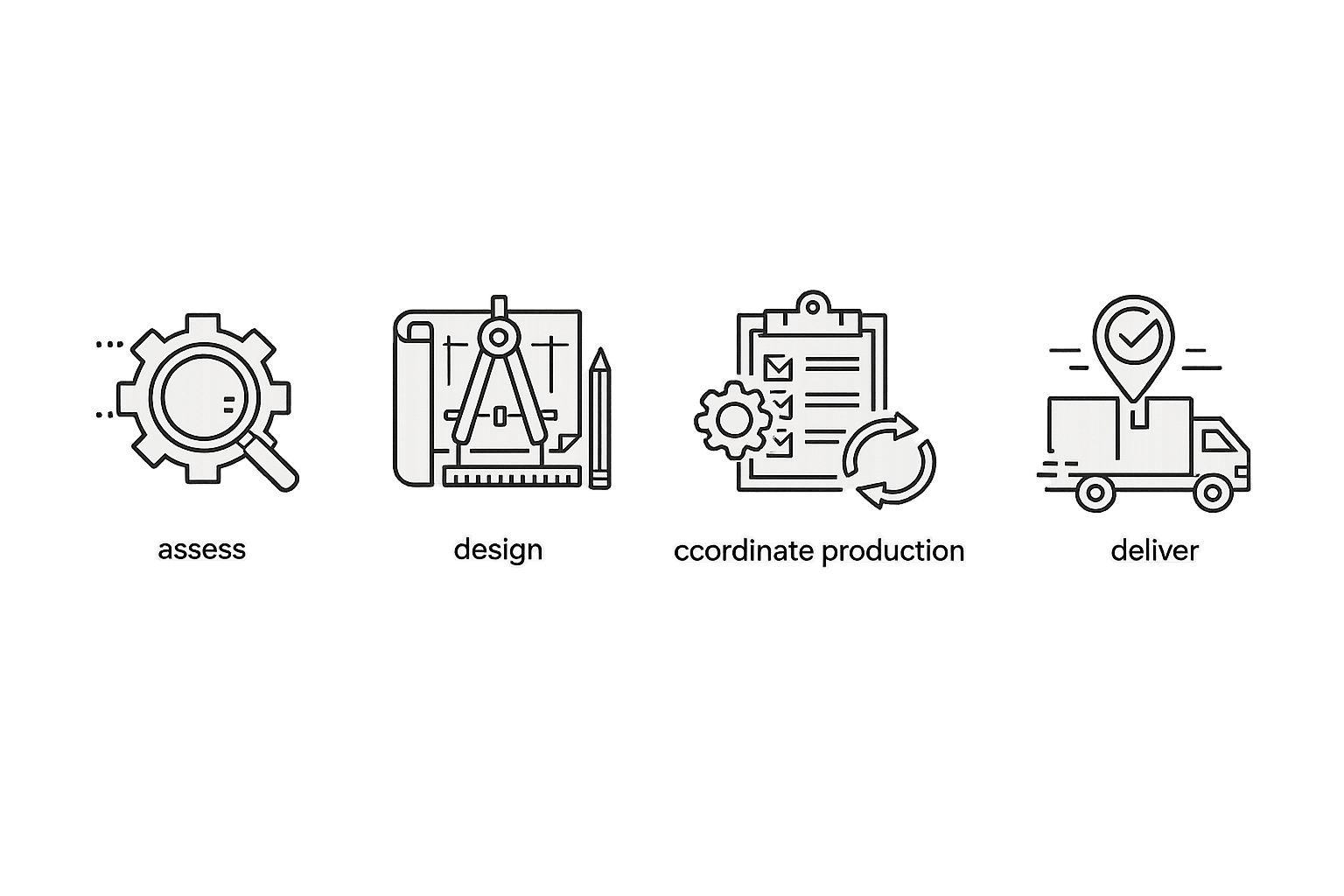 Assess, design, coordinate production, deliver workflow icons